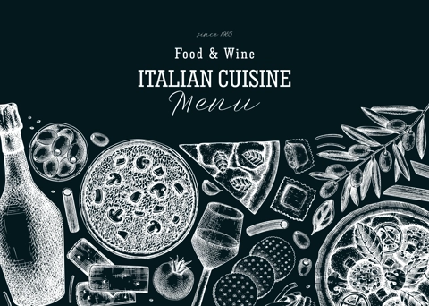 Hand drawn pizza, pasta, prosecco, risotto banner on chalkboard. Italian food and drinks vector background. Mediterranean cuisine ingredients illustrations. Vintage restaurant menu design template. 